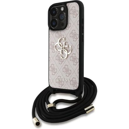 Guess PU 4G Metal Logo Crossbody Popruh kryt iPhone 15 Pro růžový