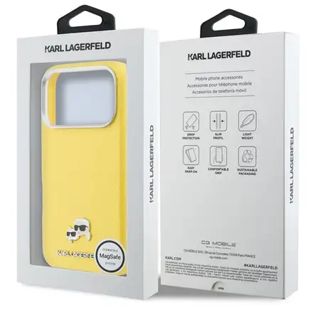 Karl Lagerfeld PU Karl and Choupette Heads Pins MagSafe kryt iPhone 17 Pro žlutý