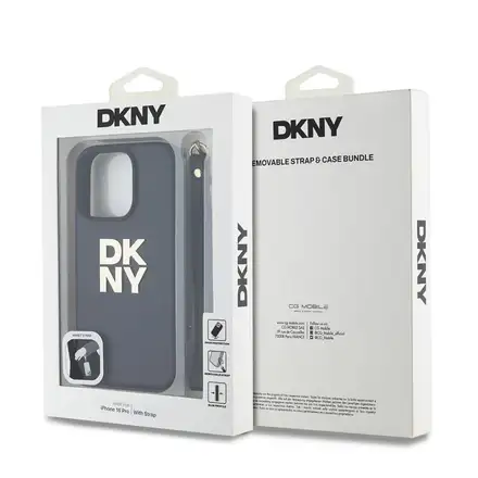 DKNY PU Leather Stack Logo Wrist Strap kryt iPhone 16 Pro černý