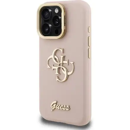 Guess PU Grained 4G Logo Stand Camera Frame kryt iPhone 15 Pro Max růžový