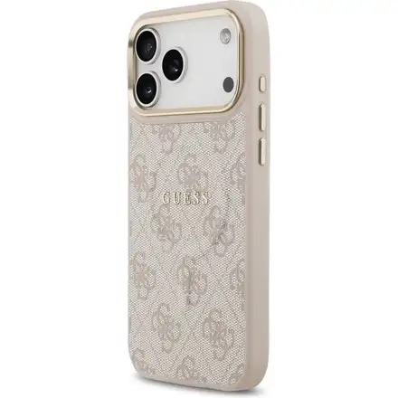 Guess PU Leather 4G Strass Triangle Logo Gold Frame MagSafe kryt iPhone 17 Pro Max růžový