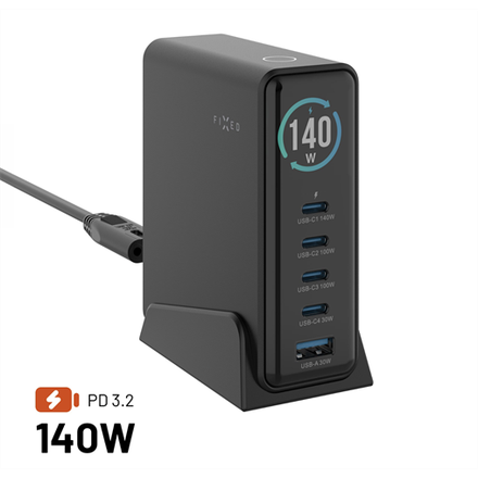 FIXED Dokovací GaN stanice s displejem 4x USB-C a USB, PD 3.2, 140W, černá