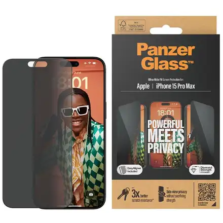 PanzerGlass ochranné sklo UWF Privacy pro iPhone 15 Pro Max - Black Frame