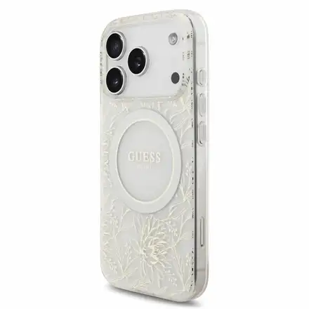 Guess IML Flowers Allover Strap MagSafe kryt iPhone 18 Pro Max bílý