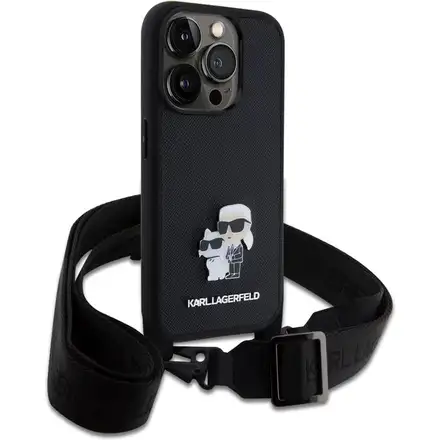 Karl Lagerfeld Saffiano Crossbody Popruh Metal Karl and Choupette kryt iPhone 15 Pro černý