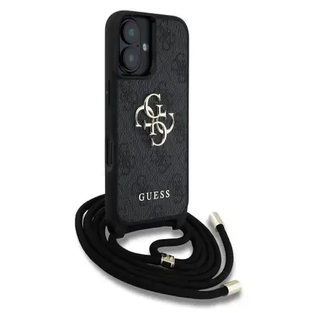 Guess PU 4G Metal Logo Strap kryt iPhone 16 černý
