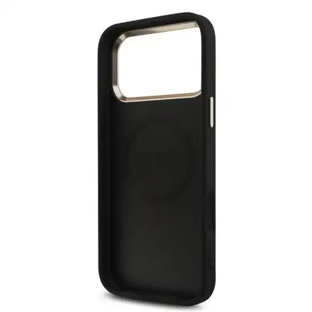 Guess PU Leather 4G Strass Triangle Logo Gold Frame MagSafe kryt iPhone 18 Pro Max černý