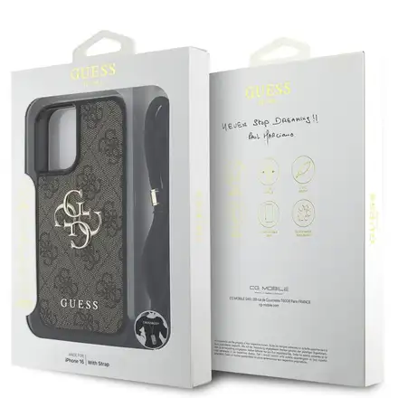 Guess PU 4G Metal Logo Crossbody Popruh kryt iPhone 16 hnědý
