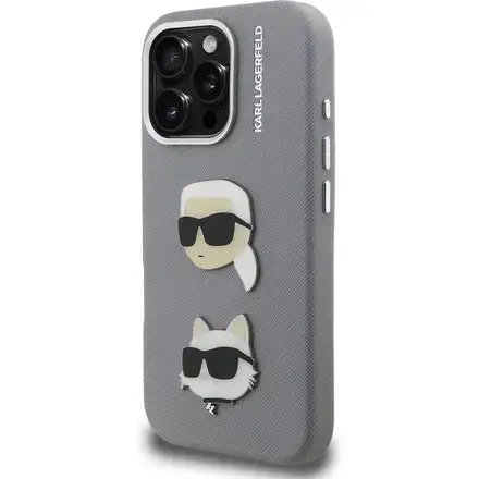 Karl Lagerfeld Grained PU K&CH Heads kryt iPhone 16 Pro Max šedý