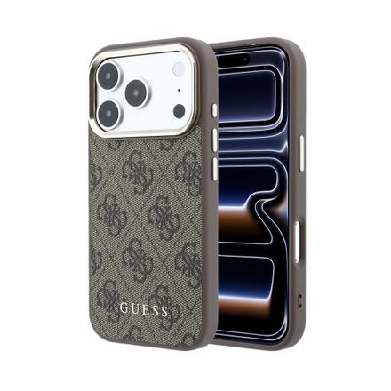 Guess PU Leather 4G Gold Frame MagSafe kryt iPhone 18 Pro hnědý