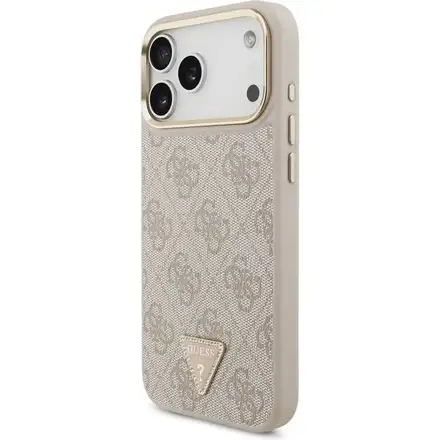 Guess PU Leather 4G Strass Triangle Logo Gold Frame MagSafe kryt iPhone 17 Pro růžový