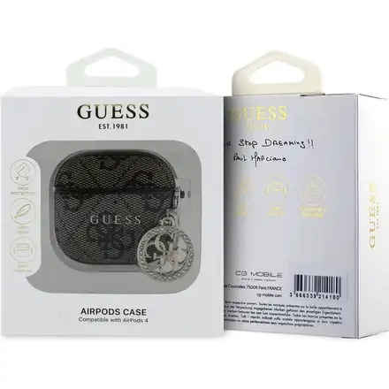 Guess 4G Script PC/PU Charm Pouzdro pro AirPods 4 hnědé *Rozbaleno*
