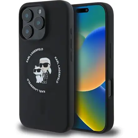Karl Lagerfeld Liquid Silicone Karl and Choupette MagSafe kryt iPhone 16 Pro Max černý