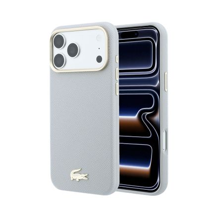 Lacoste PU Leather Champs Elysees Gold Logo MagSafe kryt iPhone 18 Pro šedý