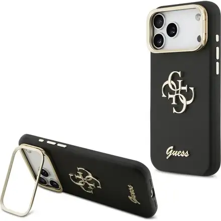 Guess PU Grained 4G Logo Stand Camera Frame kryt iPhone 17 Pro Max černý