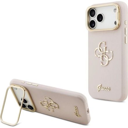 Guess PU Grained 4G Logo Stand Camera Frame kryt iPhone 17 Pro růžový
