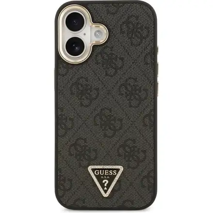Guess PU Leather 4G Strass Triangle Logo Gold Frame MagSafe kryt iPhone 17 černý