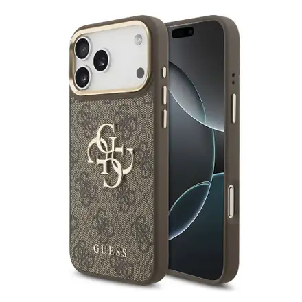 Guess PU Leather 4G Metal Logo Gold Frame kryt iPhone 18 Pro Max hnědý