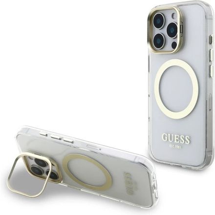 Guess IML Gold Outline Stand Camera Frame MagSafe kryt iPhone 16 Pro Max průhledný
