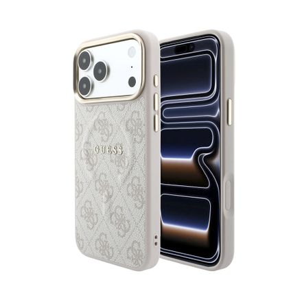Guess PU Leather 4G Gold Frame Embossed MagSafe kryt iPhone 18 Pro růžový
