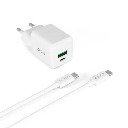 iStores by Epico Ultraboost GaN 20W síťový adaptér EA20 s 1,2 m USB-C na USB-C kablem - bílá