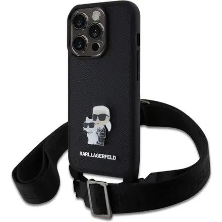 Karl Lagerfeld Saffiano Crossbody Popruh Metal Karl and Choupette kryt iPhone 15 Pro černý