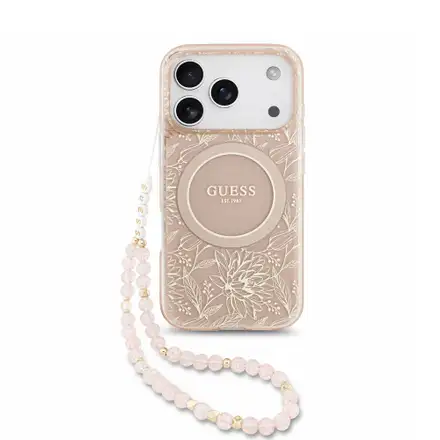 Guess IML Flowers Allover Strap MagSafe kryt iPhone 18 Pro růžový