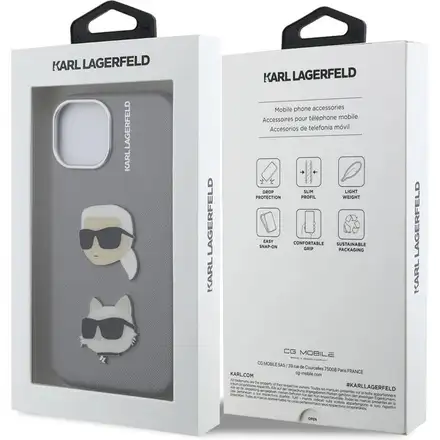 Karl Lagerfeld Grained PU K&CH Heads kryt iPhone 15 šedý
