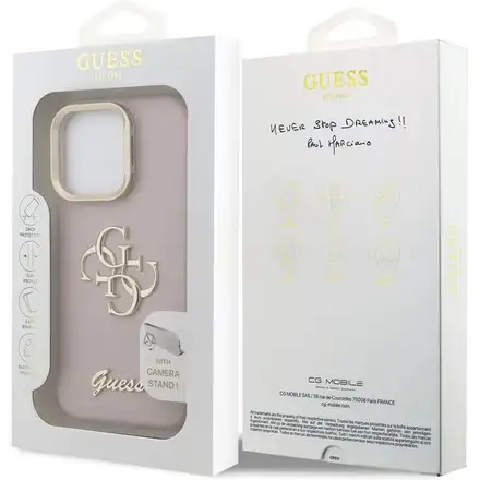 Guess PU Grained 4G Logo Stand Camera Frame kryt iPhone 15 Pro Max růžový