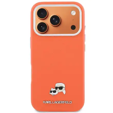 Karl Lagerfeld PU Karl and Choupette Heads Pins MagSafe kryt iPhone 17 Pro Max oranžový
