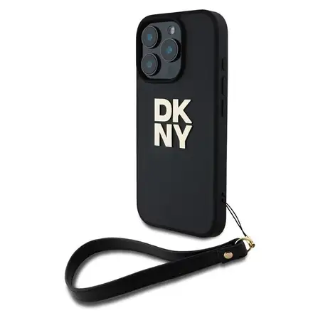 DKNY Leather Stack Logo Wrist Strap kryt iPhone 16 Pro Max černý