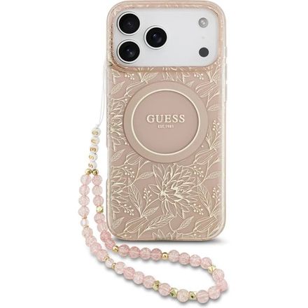 Guess IML Flowers Allover Strap MagSafe kryt iPhone 17 Pro růžový