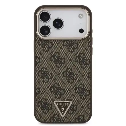 Guess PU Leather 4G Strass Triangle Logo Gold Frame MagSafe kryt iPhone 18 Pro hnědý