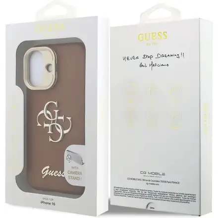 Guess PU Grained 4G Logo Stand Camera Frame kryt iPhone 16 hnědý
