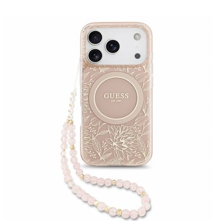 Guess IML Flowers Allover Strap MagSafe kryt iPhone 18 Pro růžový