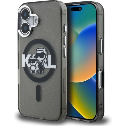 Karl Lagerfeld IML Glitter Karl and Choupette Sketch MagSafe kryt iPhone 16 černý