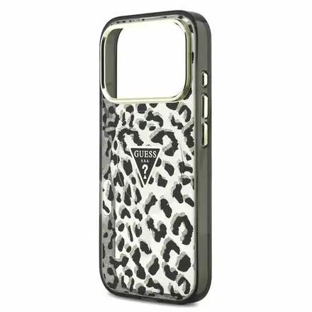 Guess IML Glitter Leopard Triangle Logo MagSafe kryt iPhone 18 Pro černý