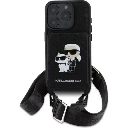 Karl Lagerfeld Saffiano Crossbody Popruh Metal Karl and Choupette kryt iPhone 16 Pro černý
