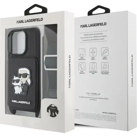 Karl Lagerfeld Saffiano Crossbody Popruh Metal Karl and Choupette kryt iPhone 16 Pro černý