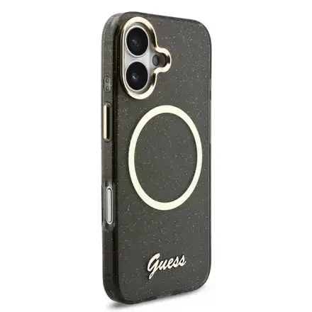 Guess IML Glitter Script Strap MagSafe kryt iPhone 17 černý