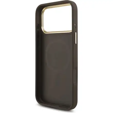 Guess PU Leather 4G Strass Triangle Logo Gold Frame MagSafe kryt iPhone 17 Pro Max hnědý