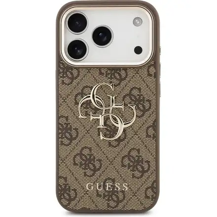 Guess PU Leather 4G Metal Logo Gold Frame kryt iPhone 17 Pro Max hnědý