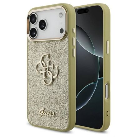 Guess PU Fixed Glitter 4G Metal Frame kryt iPhone 17 Pro Max zlatý