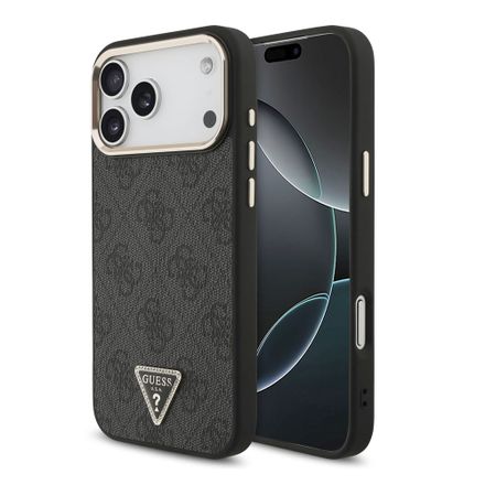 Guess PU Leather 4G Strass Triangle Logo Gold Frame MagSafe kryt iPhone 18 Pro Max černý