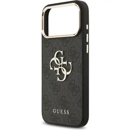 Guess PU Leather 4G Metal Logo Gold Frame kryt iPhone 17 Pro Max černý
