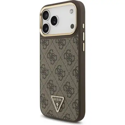 Guess PU Leather 4G Strass Triangle Logo Gold Frame MagSafe kryt iPhone 17 Pro Max hnědý