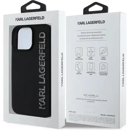 Karl Lagerfeld 3D Rubber Glitter Logo kryt iPhone 15 Max Pro černý