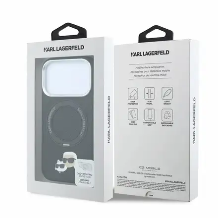 Karl Lagerfeld PU Grained K&CH Heads Ring Stand Magsafe kryt iPhone 18 Pro Max černá