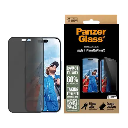 PanzerGlass ochranné sklo UWF Privacy pro iPhone 16/15 - Black Frame