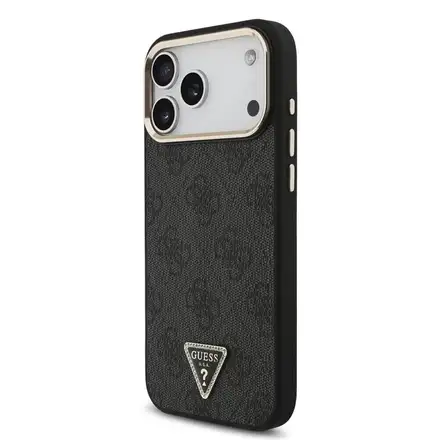 Guess PU Leather 4G Strass Triangle Logo Gold Frame MagSafe kryt iPhone 18 Pro černý